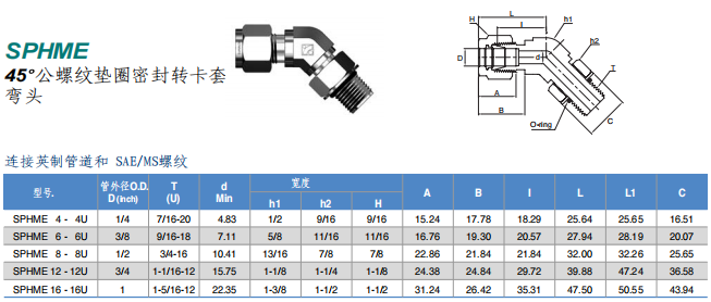 Superlok 卡套管接头 SPHME系列 45°公螺纹垫圈密封转卡套弯头批发